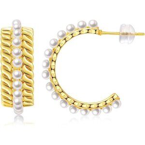 Dainty White Pearl Hoop Earrings | Lightweight Hypoallergenic Huggie Hoops